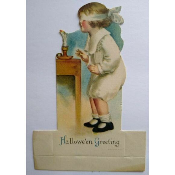 Halloween Diecut Placecard Ellen Clapsaddle Wolf Original Girl Candle Blindfold - Picture 1 of 5